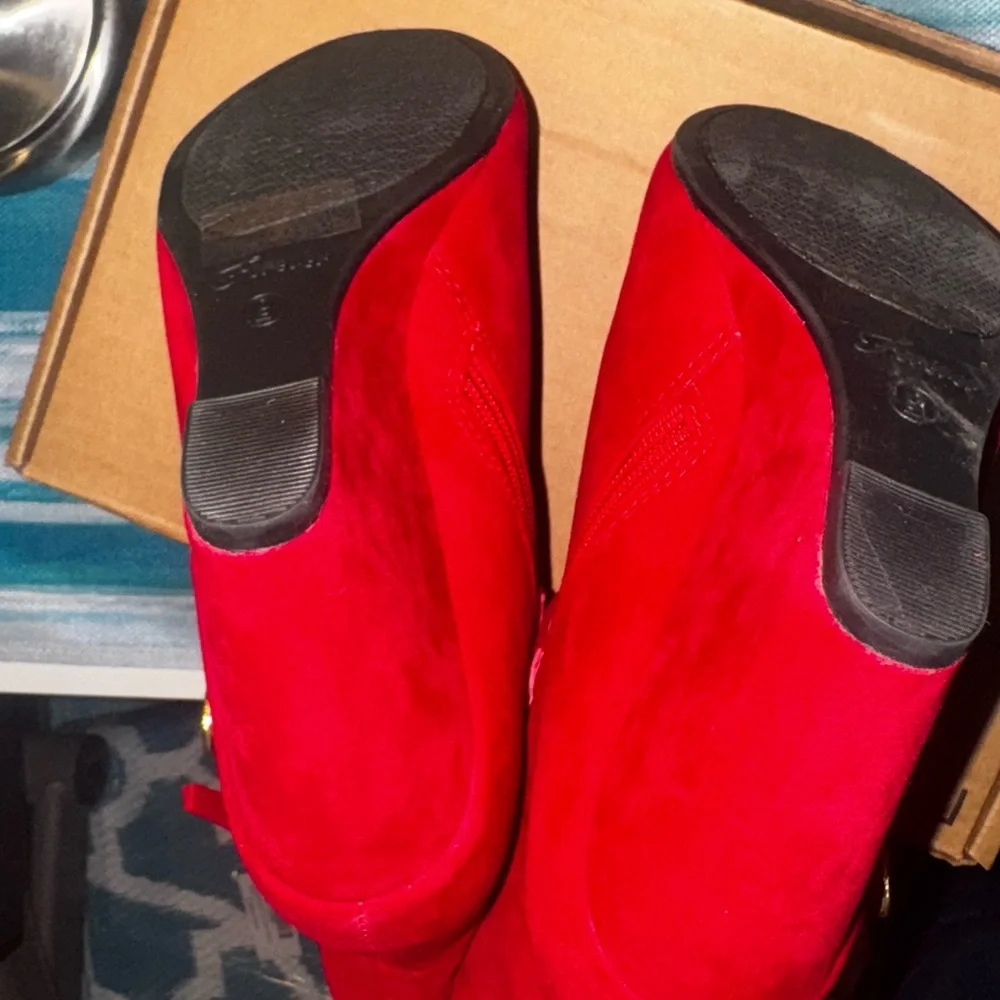 Forever Red Ankle Boots with Gold Accents - Picture 4 of 7